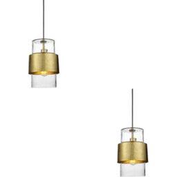 Loops 2 Pack Hanging Ceiling Pendant Light - Hammered Brass Plate & Textured Clear Glass - 10W Led E27 - thumbnail 1