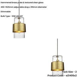 Loops 2 Pack Hanging Ceiling Pendant Light - Hammered Brass Plate & Textured Clear Glass - 10W Led E27 - thumbnail 2