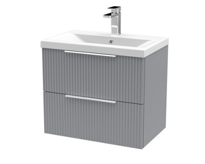 Hudson Reed Fluted Wall Hung 2-Drawer Vanity And Mid-Edge Basin, Contemporary Sink Vanity Unit, Satin Grey, 600mm - image 1