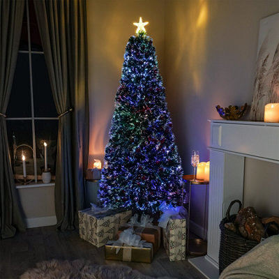 Green Fibre Optic Christmas Tree 7Ft With Multi Coloured Fibre Optic Lights And Red Berries