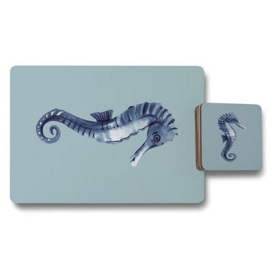 Benjamin Tate Design Seahorse Designer Artwork Placemat Coaster Set Blue With Wood Base Limited Edition - image 1