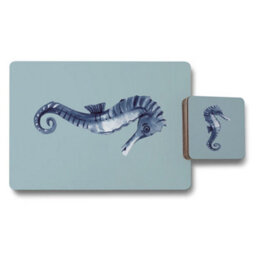 Benjamin Tate Design Seahorse Designer Artwork Placemat Coaster Set Blue With Wood Base Limited Edition - thumbnail 1