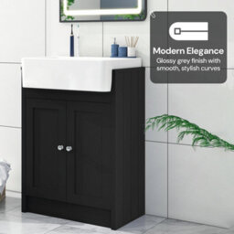 Belofay Vanity Unit With Basin, 600mm Floor-Standing Bathroom Cabinet In High Matt Grey, 1 Tap Hole Ceramic Basin - thumbnail 3