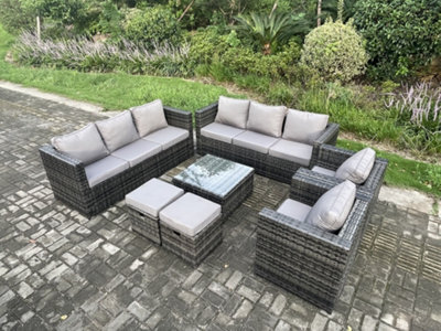 Fimous 10 Seater Rattan Garden Furniture Sofa Set With 2 Armchairs Square Coffee Table 2 Small Footstools Indoor Side Table - image 1
