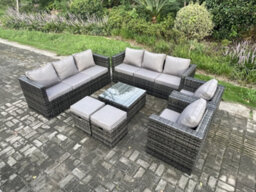 Fimous 10 Seater Rattan Garden Furniture Sofa Set With 2 Armchairs Square Coffee Table 2 Small Footstools Indoor Side Table - thumbnail 2