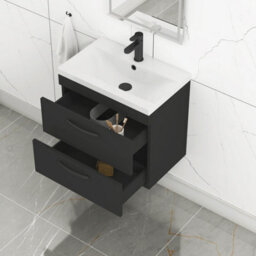 Royal Bathrooms Turin 600mm Wall Hung Vanity Unit Matt Black 2 Drawer Mid-Edge Basin With Matt Black Handles - thumbnail 5