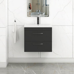 Royal Bathrooms Turin 600mm Wall Hung Vanity Unit Matt Black 2 Drawer Mid-Edge Basin With Matt Black Handles - thumbnail 1