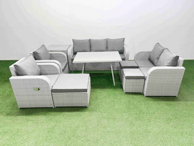 Fimous Pe Rattan Garden Furniture Set Outdoor Rectangular Dining Table Sofa Set With Reclining Chair 3 Stool Side Table - image 1