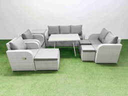 Fimous Pe Rattan Garden Furniture Set Outdoor Rectangular Dining Table Sofa Set With Reclining Chair 3 Stool Side Table - thumbnail 1