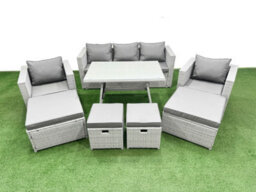 Fimous 8 Pieces Outdoor Pe Rattan Sofa Armchair Set Patio Garden Furniture Sets With Cushions 4 Stools Light Grey - thumbnail 2