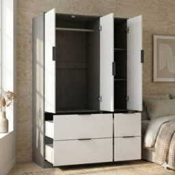 Urbn-Living Urbnliving 3 Door Wardrobe With 4 Drawers Wooden Bedroom Storage Cupboard With Hanging Rail  - Cedar Grey Unit & White - thumbnail 7