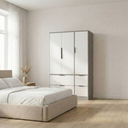 Urbn-Living Urbnliving 3 Door Wardrobe With 4 Drawers Wooden Bedroom Storage Cupboard With Hanging Rail  - Cedar Grey Unit & White - thumbnail 2