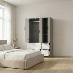 Urbn-Living Urbnliving 3 Door Wardrobe With 4 Drawers Wooden Bedroom Storage Cupboard With Hanging Rail  - Cedar Grey Unit & White - thumbnail 3