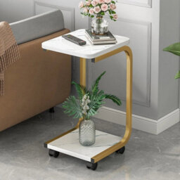 White+Gold Mobile C-Shaped Side Table With Wheels 2-Tier Marble Effect Rolling End Table - thumbnail 1