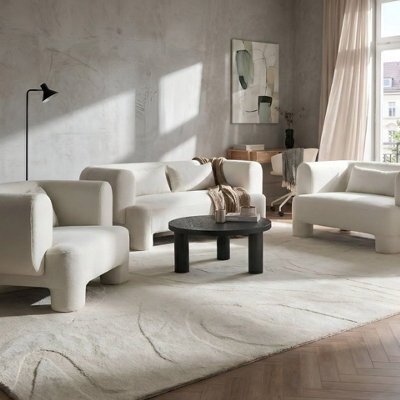 Beliani Curved White Fabric Living Room Set - 3-Piece Sofa, Loveseat, Armchair - image 1