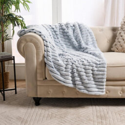 OHS Two Tone Faux Fur Ribbed Fleece Throw Thick Fluffy Blanket - Navy/white - thumbnail 3