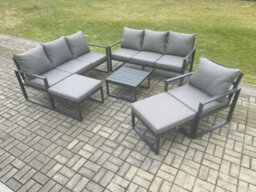 Fimous Aluminium Outdoor Lounge Sofa Set Garden Furniture Sets With Square Coffee Table Chair 2 Big Footstools Dark Grey - thumbnail 1