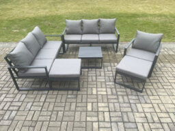 Fimous Aluminium Outdoor Lounge Sofa Set Garden Furniture Sets With Square Coffee Table Chair 2 Big Footstools Dark Grey - thumbnail 2