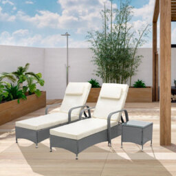 MCC Direct Rattan Sun Loungers Set Of 2 Reclining Sun Beds And Table Garden Furniture Venice Grey