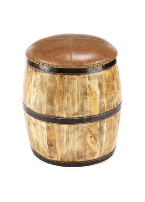 Elm Home And Garden Wooden Lift Off Lid Whiskey Barrel Stool Leather Top H51 X W47 X D47Cm - image 1