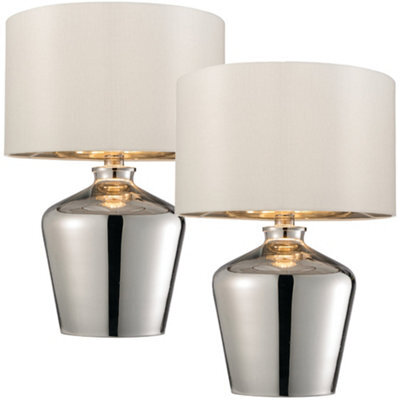 2 Pack Modern Mirror Table Lamp Gloss Chrome Glass & Ivory Shade Feature Bedside Light - image 1