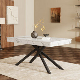 Btm 140 180X80Cm Extendable Dining Table, Marble Effect Kitchen Table, Metal Cross Legs, Dining Table For 6 8, White Marble - thumbnail 4