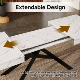 Btm 140 180X80Cm Extendable Dining Table, Marble Effect Kitchen Table, Metal Cross Legs, Dining Table For 6 8, White Marble - thumbnail 7