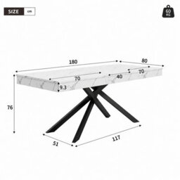 Btm 140 180X80Cm Extendable Dining Table, Marble Effect Kitchen Table, Metal Cross Legs, Dining Table For 6 8, White Marble - thumbnail 6