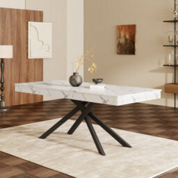Btm 140 180X80Cm Extendable Dining Table, Marble Effect Kitchen Table, Metal Cross Legs, Dining Table For 6 8, White Marble - thumbnail 3