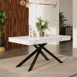 Btm 140 180X80Cm Extendable Dining Table, Marble Effect Kitchen Table, Metal Cross Legs, Dining Table For 6 8, White Marble - thumbnail 2