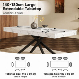 Btm 140 180X80Cm Extendable Dining Table, Marble Effect Kitchen Table, Metal Cross Legs, Dining Table For 6 8, White Marble - thumbnail 9
