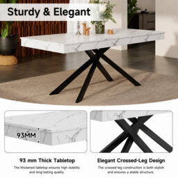 Btm 140 180X80Cm Extendable Dining Table, Marble Effect Kitchen Table, Metal Cross Legs, Dining Table For 6 8, White Marble - thumbnail 8