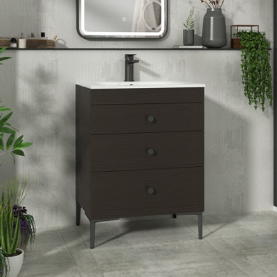 Royal Bathrooms Royal Bathroom Verona 600mm Walnut Woodgrain 3-Drawer Floor Standing Bathroom Vanity Unit Carrara White Basin & Matt Black Knob - image 1