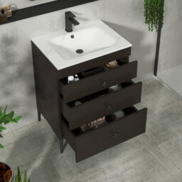 Royal Bathrooms Royal Bathroom Verona 600mm Walnut Woodgrain 3-Drawer Floor Standing Bathroom Vanity Unit Carrara White Basin & Matt Black Knob - thumbnail 5