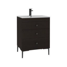Royal Bathrooms Royal Bathroom Verona 600mm Walnut Woodgrain 3-Drawer Floor Standing Bathroom Vanity Unit Carrara White Basin & Matt Black Knob - thumbnail 6