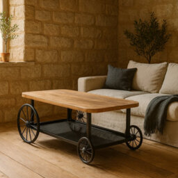 Wyld Haus Shanghai Industrial Oak And Matte Black Coffee Table With Mesh Shelf And Oversized Wheels - thumbnail 1