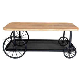 Wyld Haus Shanghai Industrial Oak And Matte Black Coffee Table With Mesh Shelf And Oversized Wheels - thumbnail 4