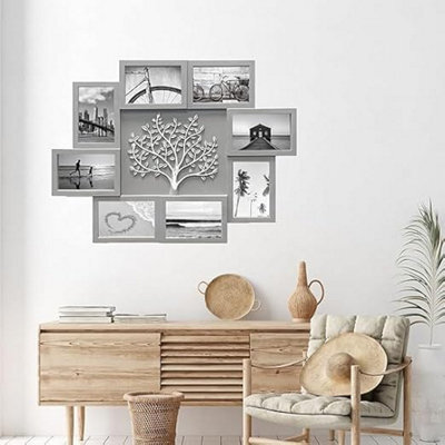 Biznest Embossed Family Tree Grey 7 Silver Photo Frame Collage 8 Openings Wall Mount 4X6 '' Metal Hooks Stable Hanging 60X46 Cm