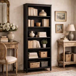 Wyld Haus Gossmere Matt Black 5-Shelf Bookcase, Wood Frame With Glass Shelves, 785 X 1990 X 325 mm