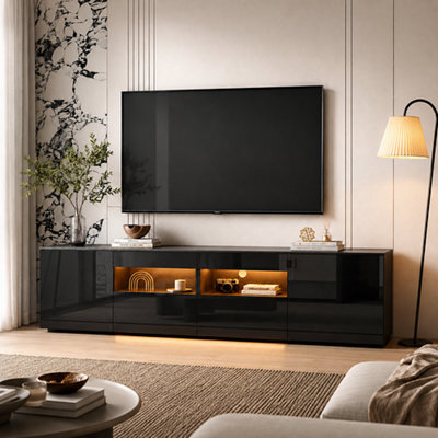 MMT Funiture Designs mmt 180Cm Black High Gloss Led Tv Stand Cabinet With 2 Drawers & 2 Cupboards For Tvs Up To 85 Inch - image 1