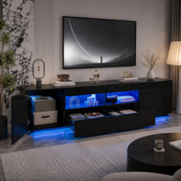 MMT Funiture Designs mmt 180Cm Black High Gloss Led Tv Stand Cabinet With 2 Drawers & 2 Cupboards For Tvs Up To 85 Inch - thumbnail 6