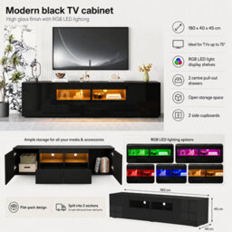 MMT Funiture Designs mmt 180Cm Black High Gloss Led Tv Stand Cabinet With 2 Drawers & 2 Cupboards For Tvs Up To 85 Inch - thumbnail 3