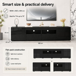 MMT Funiture Designs mmt 180Cm Black High Gloss Led Tv Stand Cabinet With 2 Drawers & 2 Cupboards For Tvs Up To 85 Inch - thumbnail 2