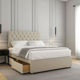 REGIONAL FURNISHINGS Cream Plush Velvet Divan Bed Set Upholstered With 24Inch Headboard 2Drawersfootend & Mattress In 4Ft 4Ft6 5Ft 6Ft Sizes - thumbnail 1