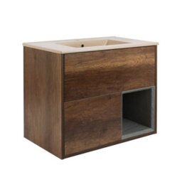 Homestylestore Dark Oak 812mm Wall Hung Bathroom Vanity Unit Open Shelf And Sand Basin