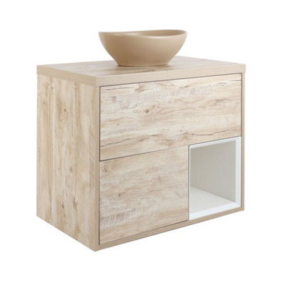 Homestylestore Light Oak 800mm Led Lit Wall Hung Bathroom Vanity Unit Oval Sand Countertop Basin Open Shelf - image 1