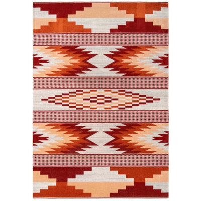 Loomed Warm Orange Terracotta Tribal Geometric Low Pile Soft Living Area Rug 120X170Cm - image 1