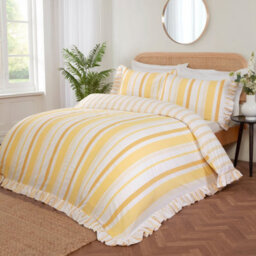 Rapport Home Maya Stripe Polycotton Reversible Duvet Cover Set With Pillowcase Double Yellow - thumbnail 1