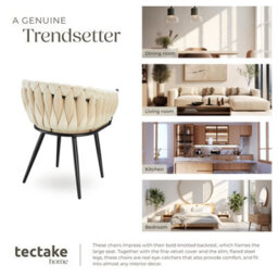 Tectake Set Of 2 Dining Chair Astano - Padded, Velvet, Knot Design, Continuous Backrest  - Sand - thumbnail 7
