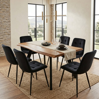 Doubs Dining Table Set With 6 Black Velvet Chairs 120Cm Natural Wood Table - image 1